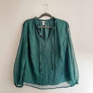 Ava & Viv Teal Sheer Ruffle Tie-Neck Blouse
